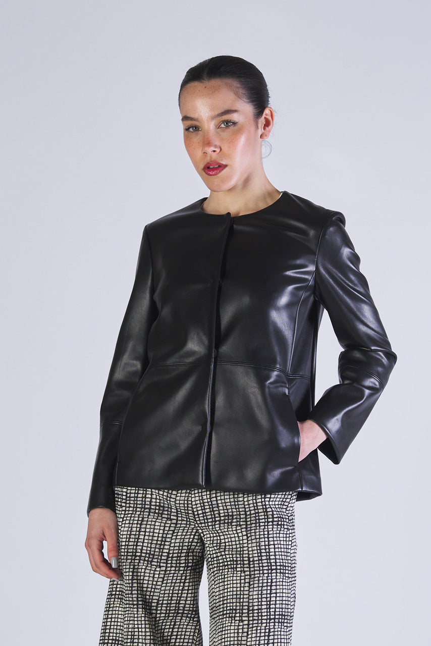 Festive jersey faux leather jacket